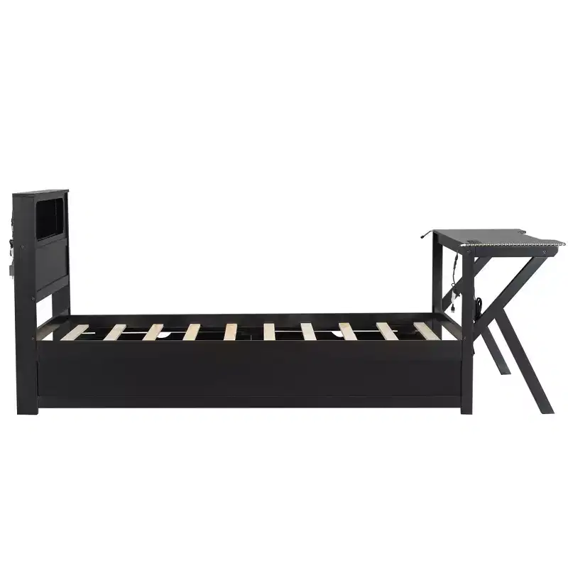 Lit plateforme de jeu double/complet avec tête de lit LED et bureau, cadre de lit en bois massif avec tiroirs de rangement et USB pour joueurs adultes