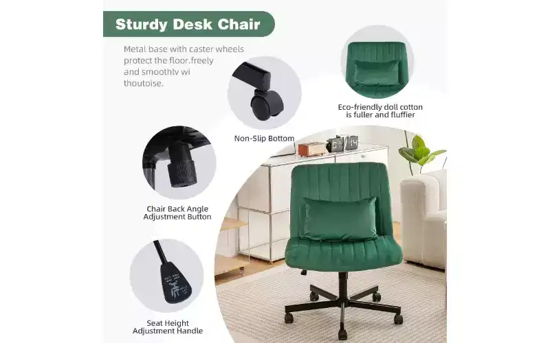 Chaise de bureau moderne en lin pivotante à dossier croisé, chaise de bureau ergonomique, chaise de bureau réglable en hauteur, chaise polyvalente sans accoudoirs avec roulettes