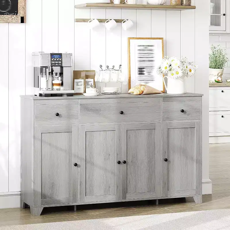 Buffet de salle à manger avec rangement, meuble de rangement de cuisine minimaliste avec 3 tiroirs et 4 portes, table console de style ferme, bar à café pour la cuisine