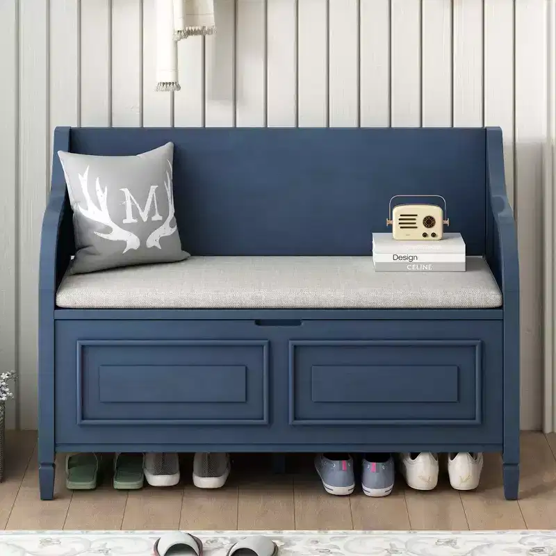 Banc de rangement rustique avec accoudoir, siège d'entrée de ferme avec charnière de sécurité, coussin fendu amovible, banc à chaussures pour chambre à coucher, salon
