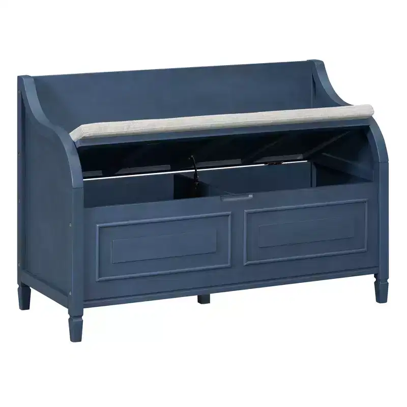 Banc de rangement rustique avec accoudoir, siège d'entrée de ferme avec charnière de sécurité, coussin fendu amovible, banc à chaussures pour chambre à coucher, salon