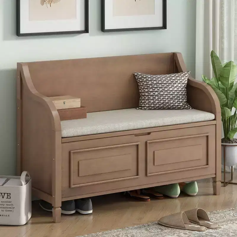 Banc de rangement rustique avec accoudoir, siège d'entrée de ferme avec charnière de sécurité, coussin fendu amovible, banc à chaussures pour chambre à coucher, salon