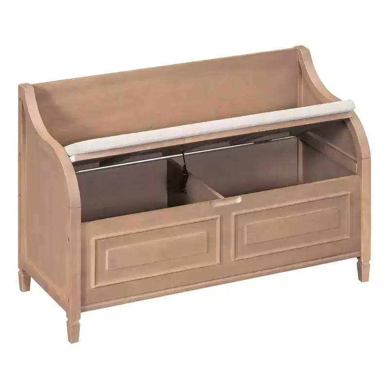 Banc de rangement rustique avec accoudoir, siège d'entrée de ferme avec charnière de sécurité, coussin fendu amovible, banc à chaussures pour chambre à coucher, salon
