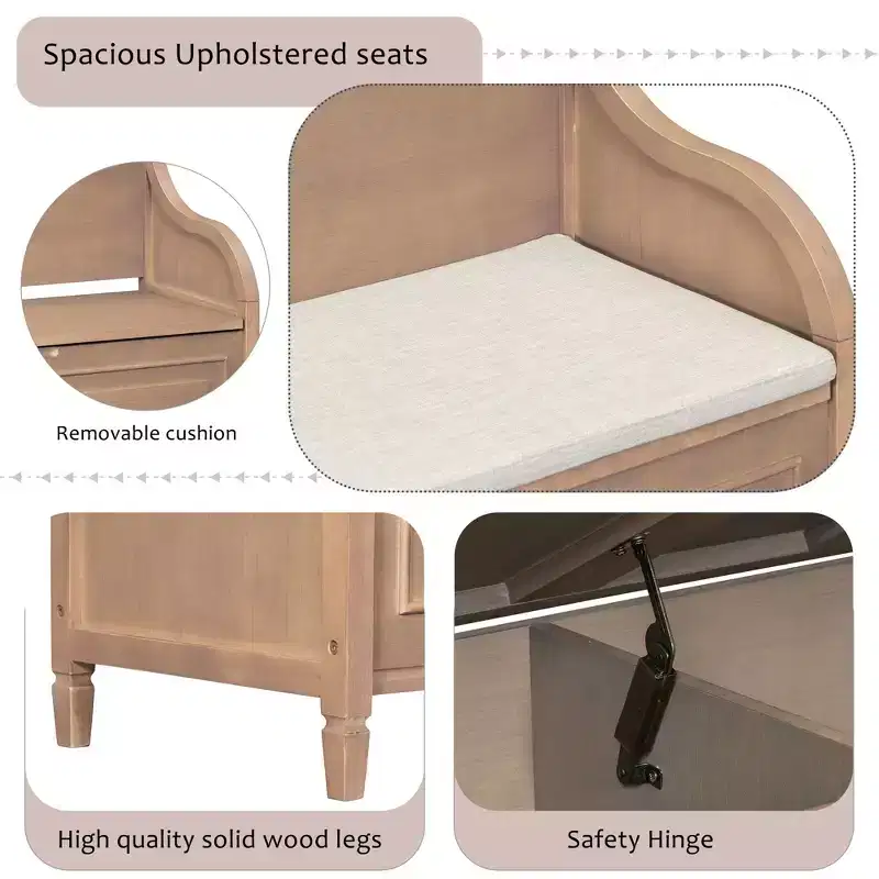 Banc de rangement rustique avec accoudoir, siège d'entrée de ferme avec charnière de sécurité, coussin fendu amovible, banc à chaussures pour chambre à coucher, salon