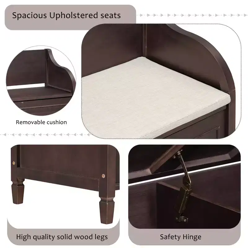 Banc de rangement rustique avec accoudoir, siège d'entrée de ferme avec charnière de sécurité, coussin fendu amovible, banc à chaussures pour chambre à coucher, salon