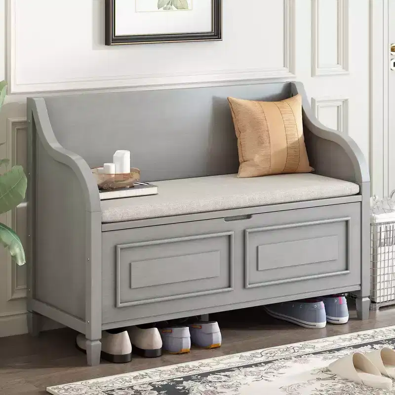 Banc de rangement rustique avec accoudoir, siège d'entrée de ferme avec charnière de sécurité, coussin fendu amovible, banc à chaussures pour chambre à coucher, salon