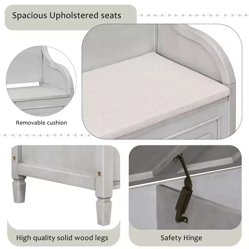 Banc de rangement rustique avec accoudoir, siège d'entrée de ferme avec charnière de sécurité, coussin fendu amovible, banc à chaussures pour chambre à coucher, salon