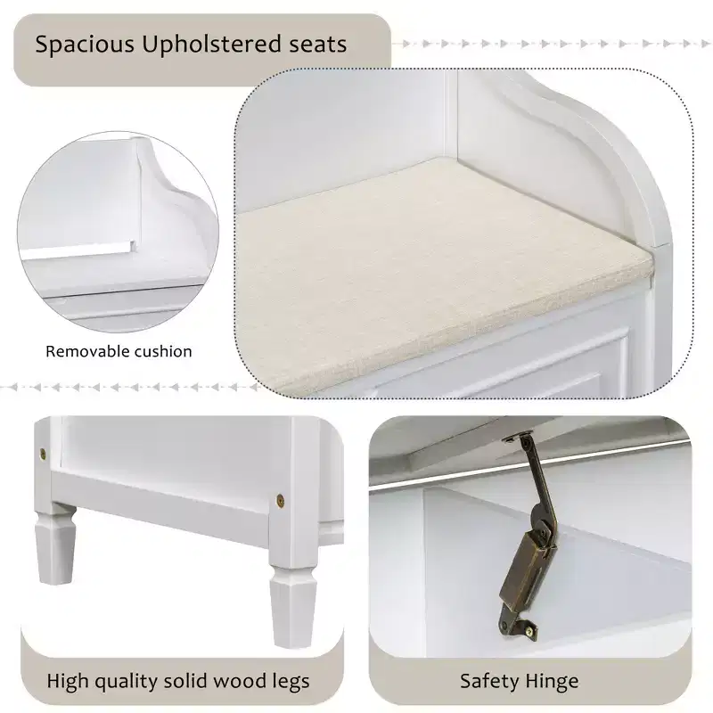 Banc de rangement rustique avec accoudoir, siège d'entrée de ferme avec charnière de sécurité, coussin fendu amovible, banc à chaussures pour chambre à coucher, salon