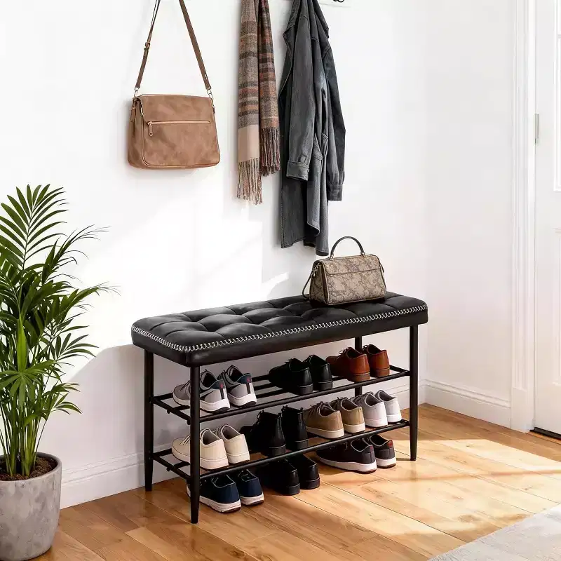 Banc porte-chaussures à 3 niveaux style Mid-Century Modern avec coussin de rangement, capacité de 300 lb, assise en cuir noir ciré, noir huilé