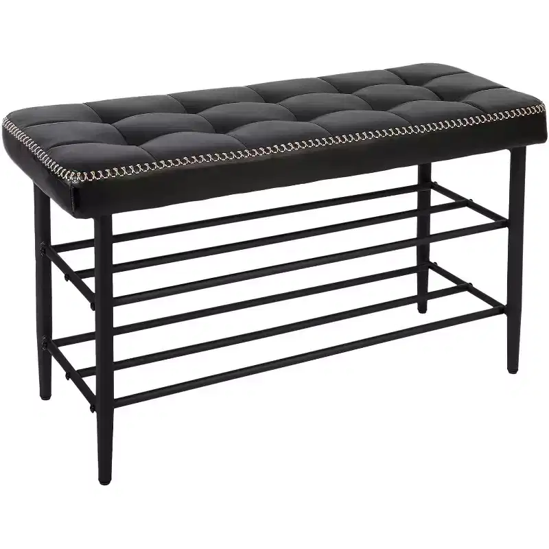 Banc porte-chaussures à 3 niveaux style Mid-Century Modern avec coussin de rangement, capacité de 300 lb, assise en cuir noir ciré, noir huilé
