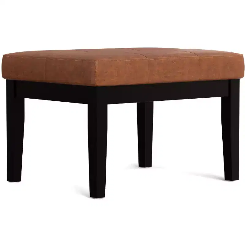 Banc ottoman rectangulaire contemporain de 66 cm de large en similicuir vegan marron selle vieilli