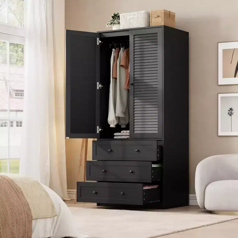 Armoire à vêtements avec tiroirs, armoire penderie en bois de 176,5 cm avec tringle de suspension, placard de rangement à 2 portes