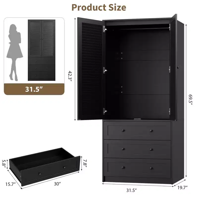 Armoire à vêtements avec tiroirs, armoire penderie en bois de 176,5 cm avec tringle de suspension, placard de rangement à 2 portes