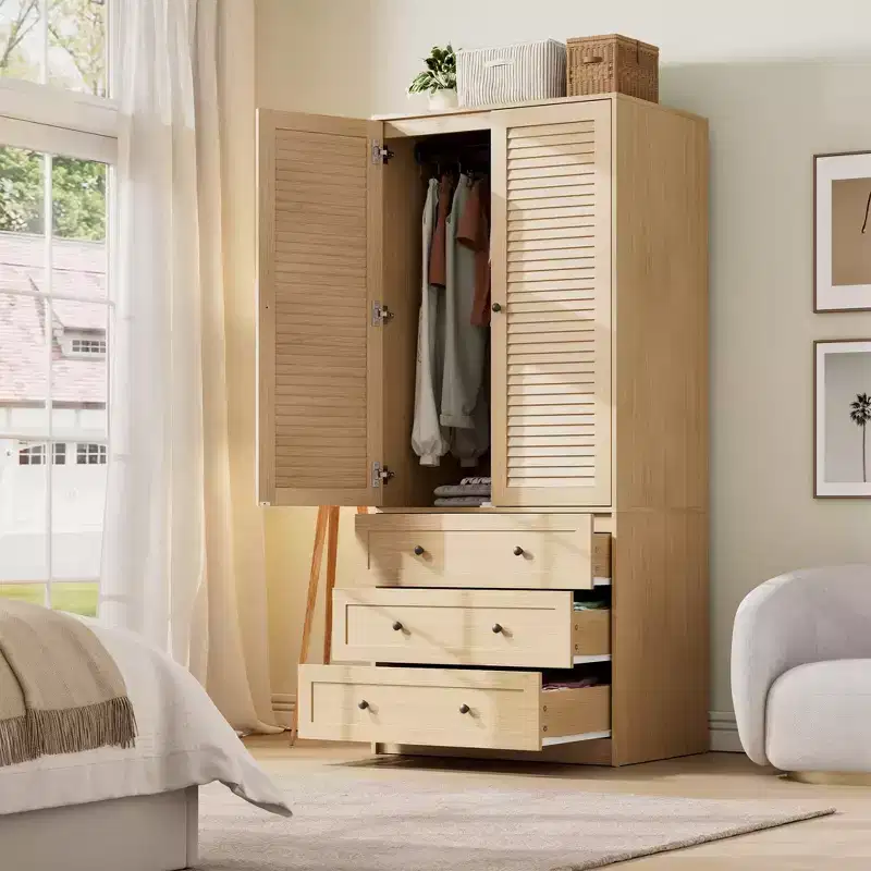 Armoire à vêtements avec tiroirs, armoire penderie en bois de 176,5 cm avec tringle de suspension, placard de rangement à 2 portes