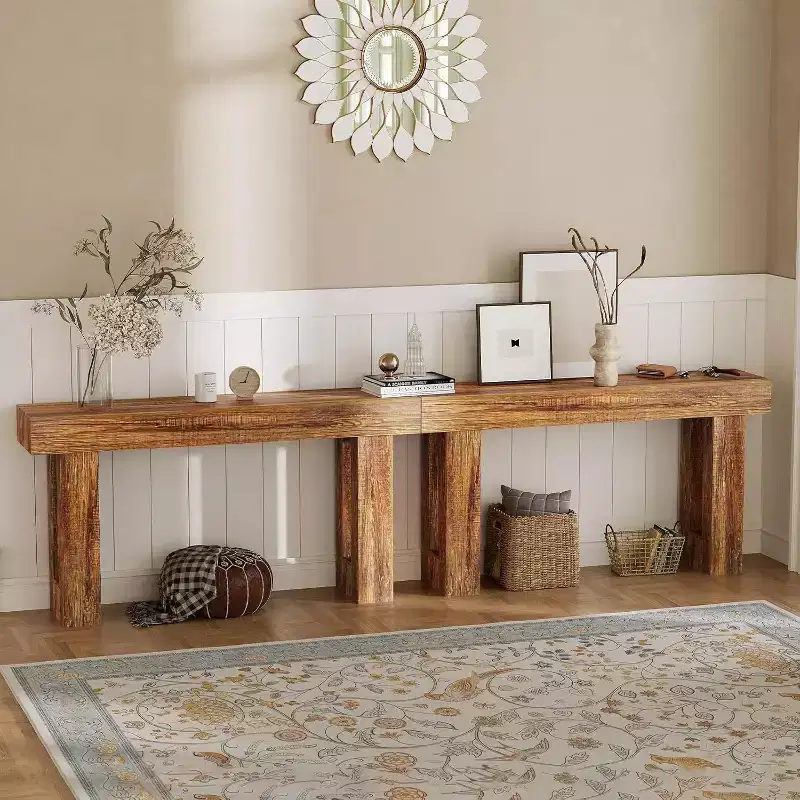 Table console de 160 cm de long pour entrée, table d'appoint étroite derrière le canapé, style industriel rustique en chêne, marron
