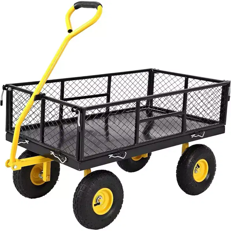 Chariot de jardin robuste en acier de 900 livres, Chariot de jardin sur roues, Chariot utilitaire extérieur en métal avec côtés amovibles en maille