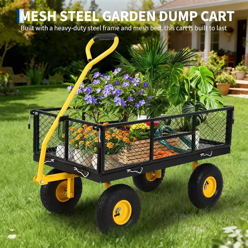 Chariot de jardin robuste en acier de 900 livres, Chariot de jardin sur roues, Chariot utilitaire extérieur en métal avec côtés amovibles en maille