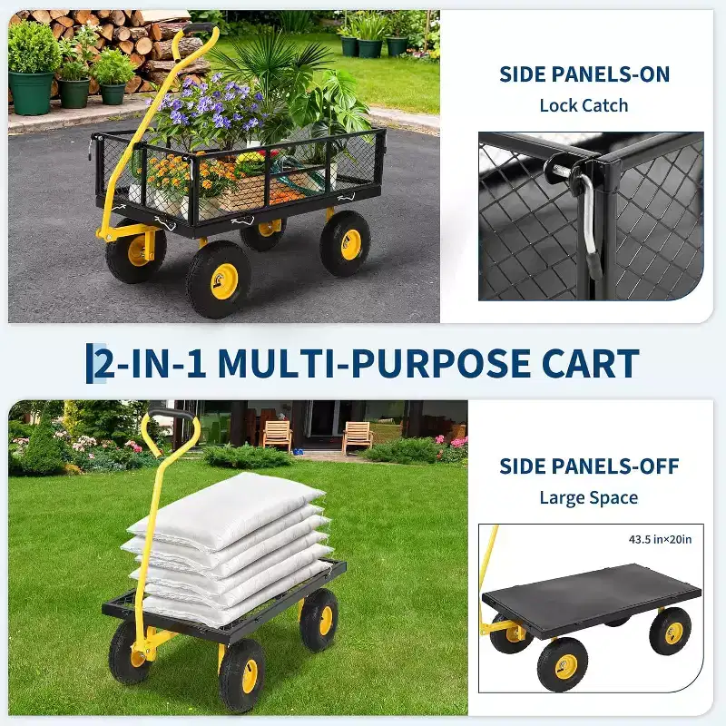 Chariot de jardin robuste en acier de 900 livres, Chariot de jardin sur roues, Chariot utilitaire extérieur en métal avec côtés amovibles en maille