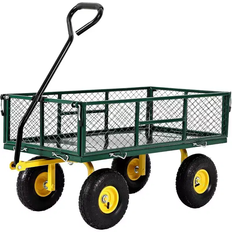 Chariot de jardin robuste en acier de 900 livres, Chariot de jardin sur roues, Chariot utilitaire extérieur en métal avec côtés amovibles en maille
