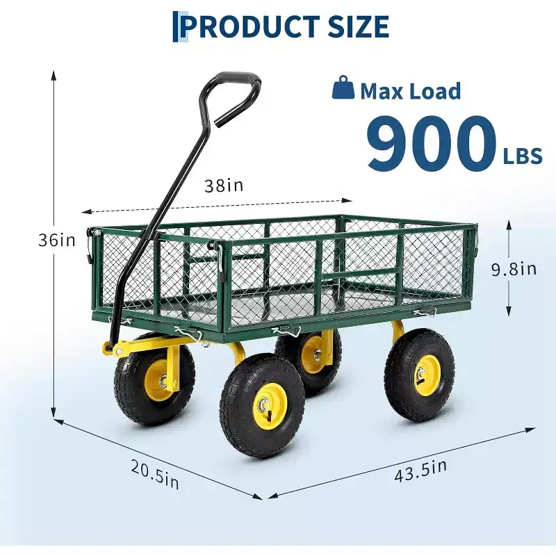 Chariot de jardin robuste en acier de 900 livres, Chariot de jardin sur roues, Chariot utilitaire extérieur en métal avec côtés amovibles en maille
