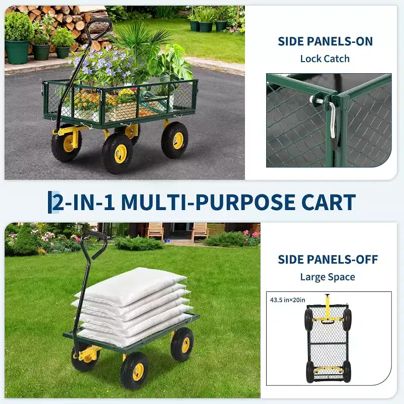 Chariot de jardin robuste en acier de 900 livres, Chariot de jardin sur roues, Chariot utilitaire extérieur en métal avec côtés amovibles en maille
