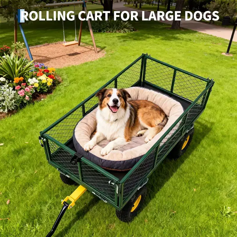Chariot de jardin robuste en acier de 900 livres, Chariot de jardin sur roues, Chariot utilitaire extérieur en métal avec côtés amovibles en maille