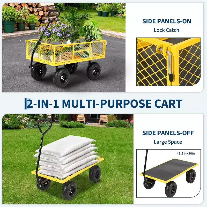 Chariot de jardin robuste en acier de 900 livres, Chariot de jardin sur roues, Chariot utilitaire extérieur en métal avec côtés amovibles en maille