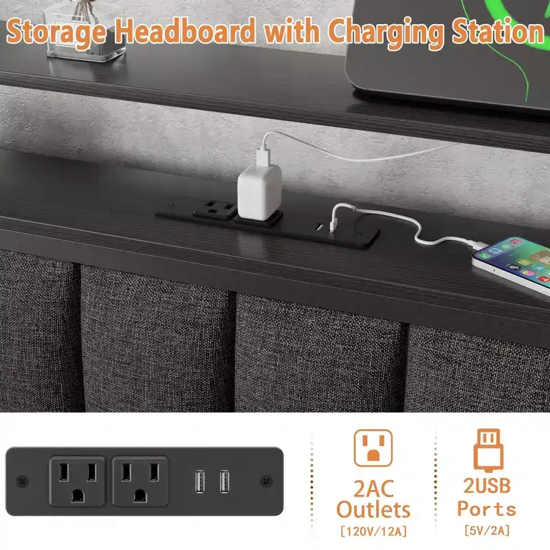 Lit queen size gris avec lumières LED, station de charge, tête de lit bibliothèque de rangement, lit plateforme rembourré, lattes métalliques, pas besoin de sommier.