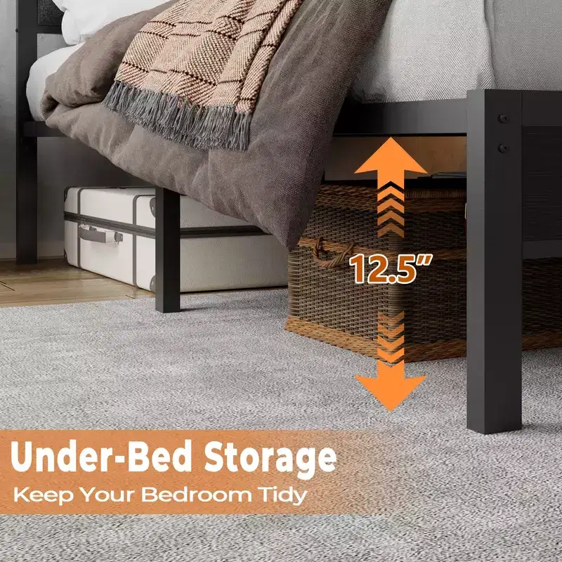 Lit queen size gris avec lumières LED, station de charge, tête de lit bibliothèque de rangement, lit plateforme rembourré, lattes métalliques, pas besoin de sommier.
