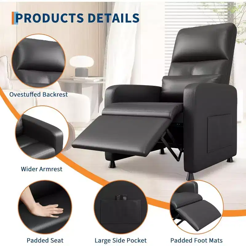 Fauteuil inclinable, Fauteuil Inclinable Ergonomique Rembourré en Cuir PU pour Salon, Dossier Haut, Siège Rembourré, 2 Poches Latérales