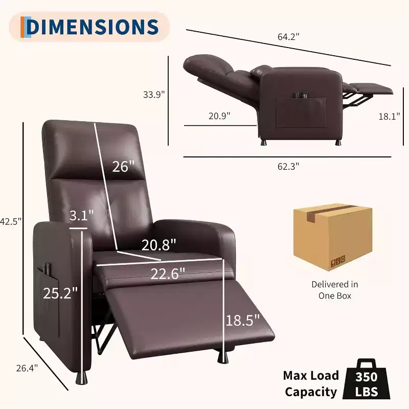 Fauteuil inclinable, Fauteuil Inclinable Ergonomique Rembourré en Cuir PU pour Salon, Dossier Haut, Siège Rembourré, 2 Poches Latérales