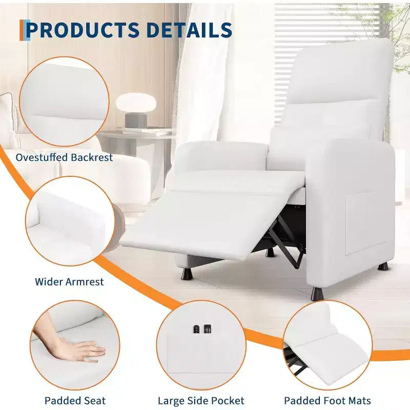 Fauteuil inclinable, Fauteuil Inclinable Ergonomique Rembourré en Cuir PU pour Salon, Dossier Haut, Siège Rembourré, 2 Poches Latérales