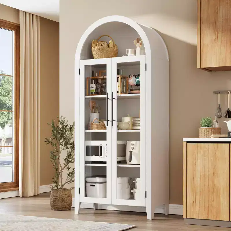 Armoire de cuisine arquée - Étagère de présentation de style ferme à 5 niveaux avec étagère réglable et 2 grandes portes en verre, meuble de rangement polyvalent pour la cuisine