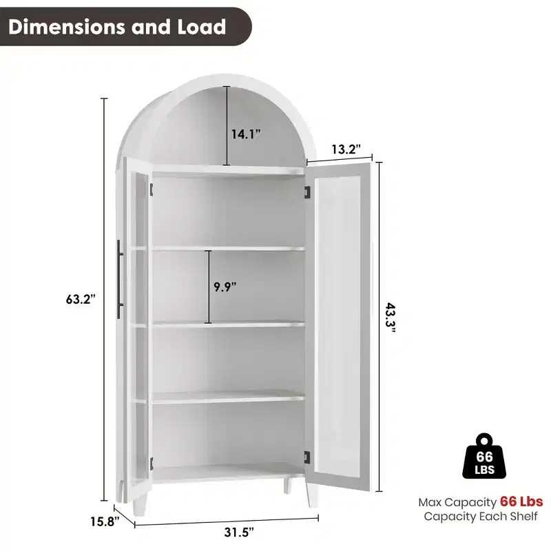 Armoire de cuisine arquée - Étagère de présentation de style ferme à 5 niveaux avec étagère réglable et 2 grandes portes en verre, meuble de rangement polyvalent pour la cuisine