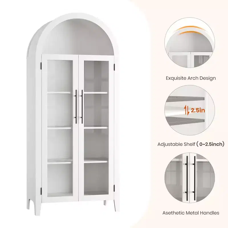 Armoire de cuisine arquée - Étagère de présentation de style ferme à 5 niveaux avec étagère réglable et 2 grandes portes en verre, meuble de rangement polyvalent pour la cuisine