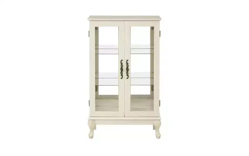 Vitrine éclairée de 44", blanc MDF+verre, avec portes en verre trempé et étagères réglables (fond miroir, ampoule incluse)