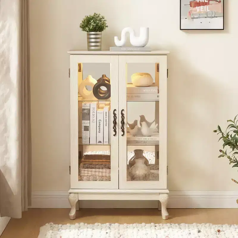Vitrine éclairée de 44", blanc MDF+verre, avec portes en verre trempé et étagères réglables (fond miroir, ampoule incluse)