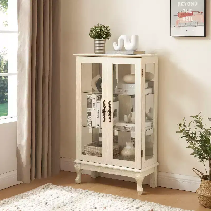 Vitrine éclairée de 44", blanc MDF+verre, avec portes en verre trempé et étagères réglables (fond miroir, ampoule incluse)