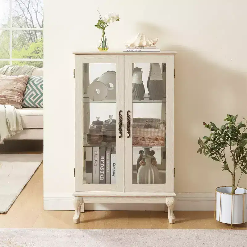 Vitrine éclairée de 44", blanc MDF+verre, avec portes en verre trempé et étagères réglables (fond miroir, ampoule incluse)