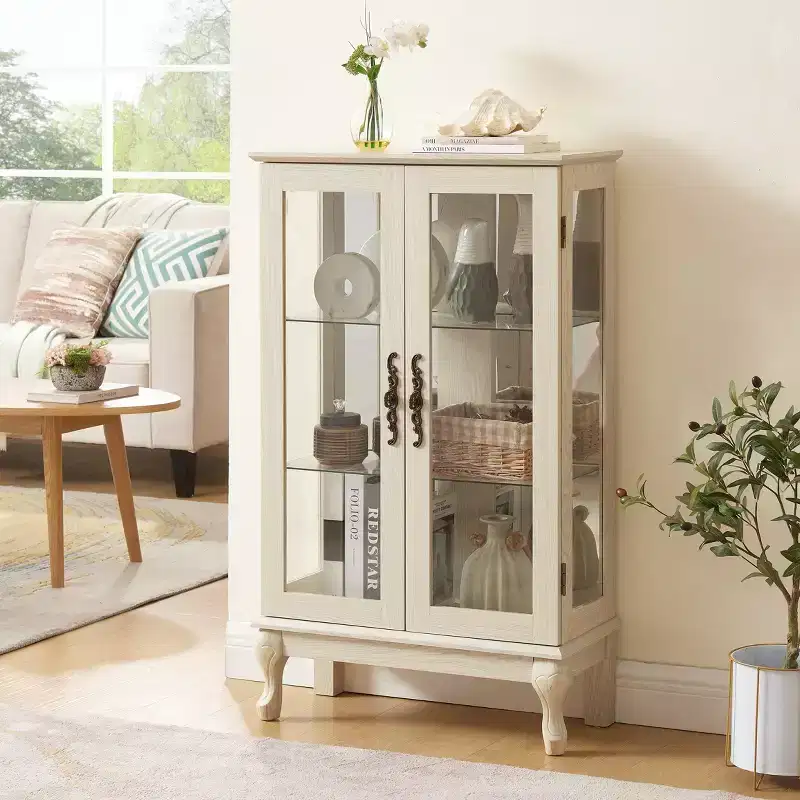 Vitrine éclairée de 44", blanc MDF+verre, avec portes en verre trempé et étagères réglables (fond miroir, ampoule incluse)