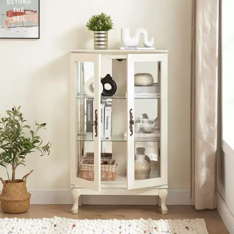 Vitrine éclairée de 44", blanc MDF+verre, avec portes en verre trempé et étagères réglables (fond miroir, ampoule incluse)