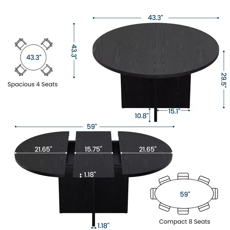 Table à manger ronde extensible de 43,3'' à 59'' pour 4 à 8 personnes, Table à manger ovale de cuisine moderne avec rallonges amovibles, Table de salle à manger, cuisine