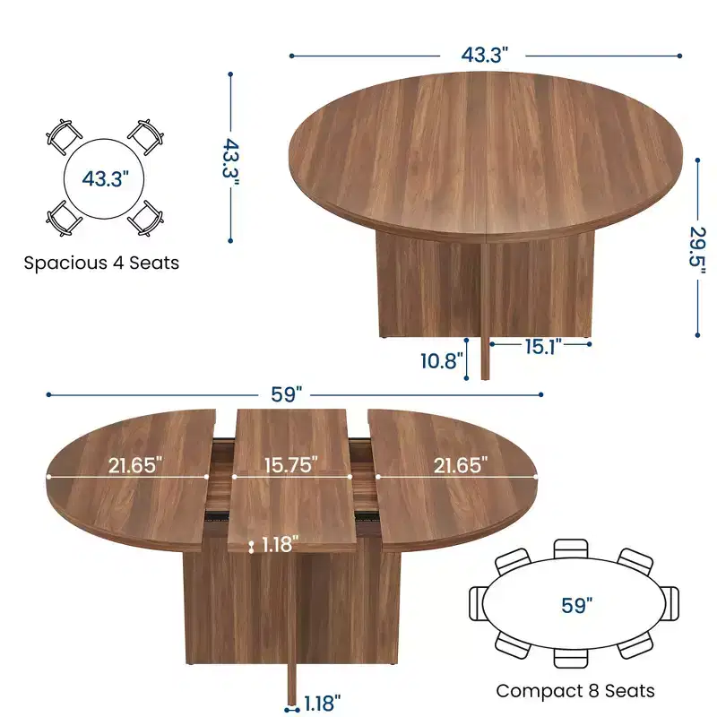Table à manger ronde extensible de 43,3'' à 59'' pour 4 à 8 personnes, Table à manger ovale de cuisine moderne avec rallonges amovibles, Table de salle à manger, cuisine