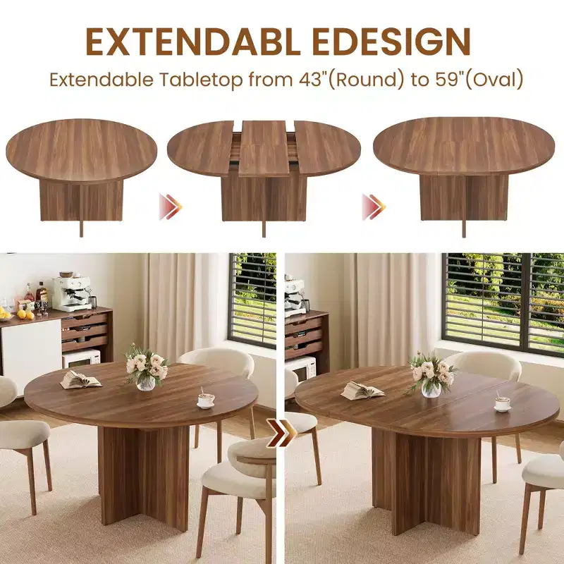 Table à manger ronde extensible de 43,3'' à 59'' pour 4 à 8 personnes, Table à manger ovale de cuisine moderne avec rallonges amovibles, Table de salle à manger, cuisine