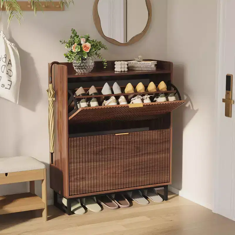 Meuble à chaussures avec 2 tiroirs basculants, meuble de rangement étroit en bois cannelé dissimulé pour l'entrée