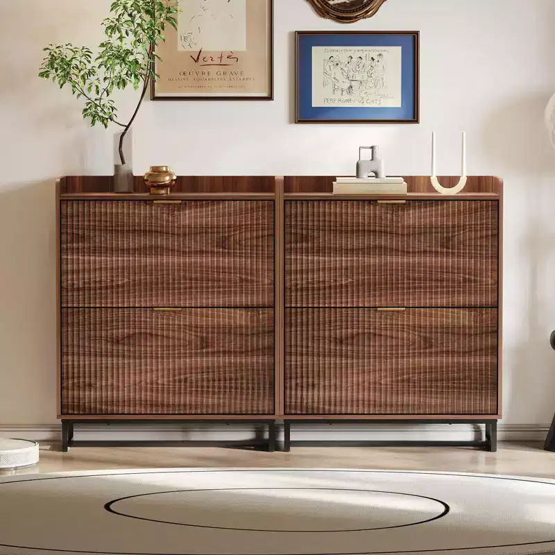 Meuble à chaussures avec 2 tiroirs basculants, meuble de rangement étroit en bois cannelé dissimulé pour l'entrée