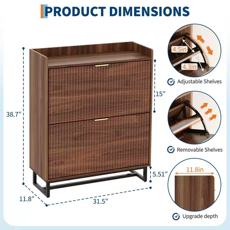 Meuble à chaussures avec 2 tiroirs basculants, meuble de rangement étroit en bois cannelé dissimulé pour l'entrée
