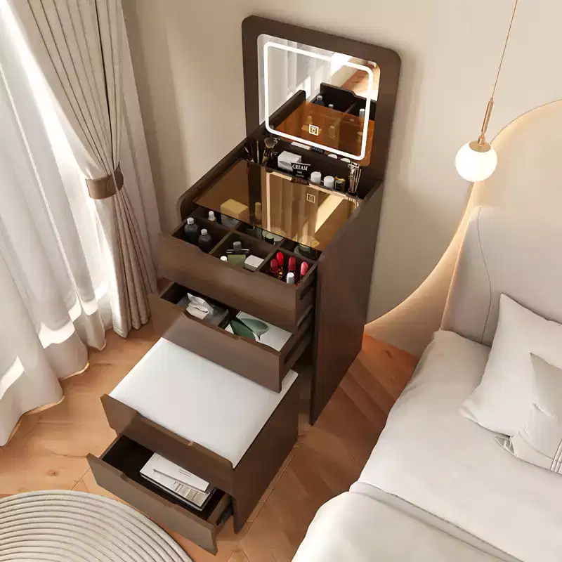 Coiffeuse avec miroir rabattable, petite coiffeuse avec plateau en verre visible, coiffeuse compacte avec 3 tiroirs Noyer