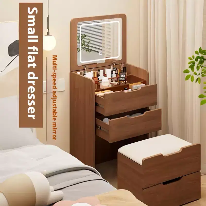Coiffeuse avec miroir rabattable, petite coiffeuse avec plateau en verre visible, coiffeuse compacte avec 3 tiroirs Noyer