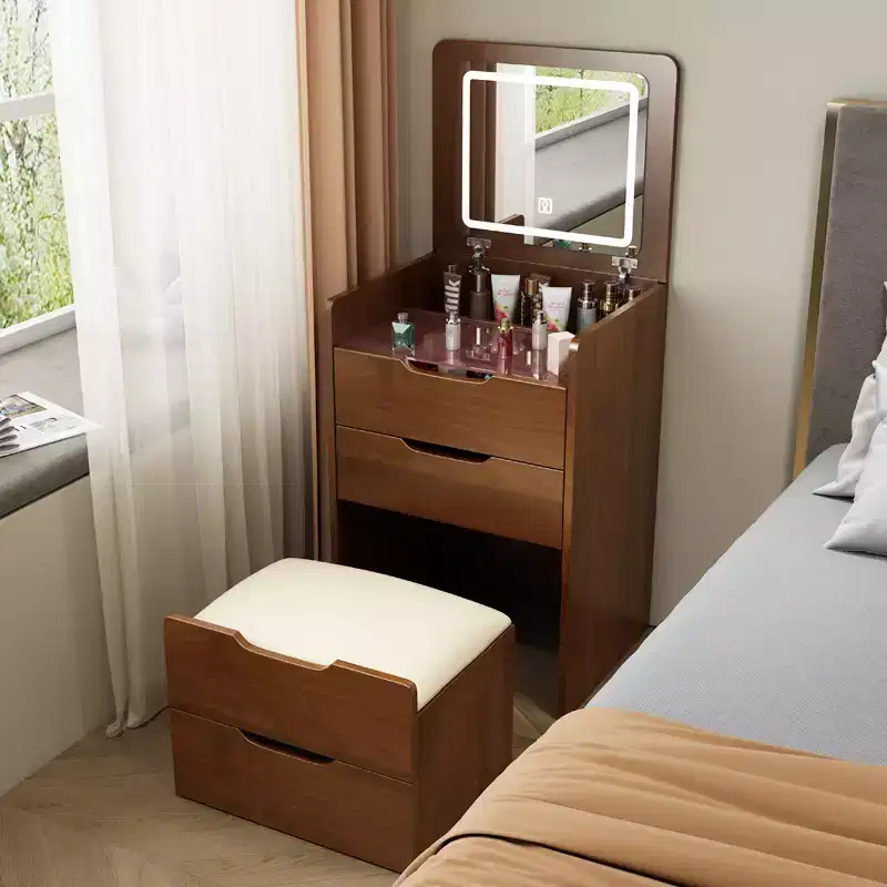 Coiffeuse avec miroir rabattable, petite coiffeuse avec plateau en verre visible, coiffeuse compacte avec 3 tiroirs Noyer